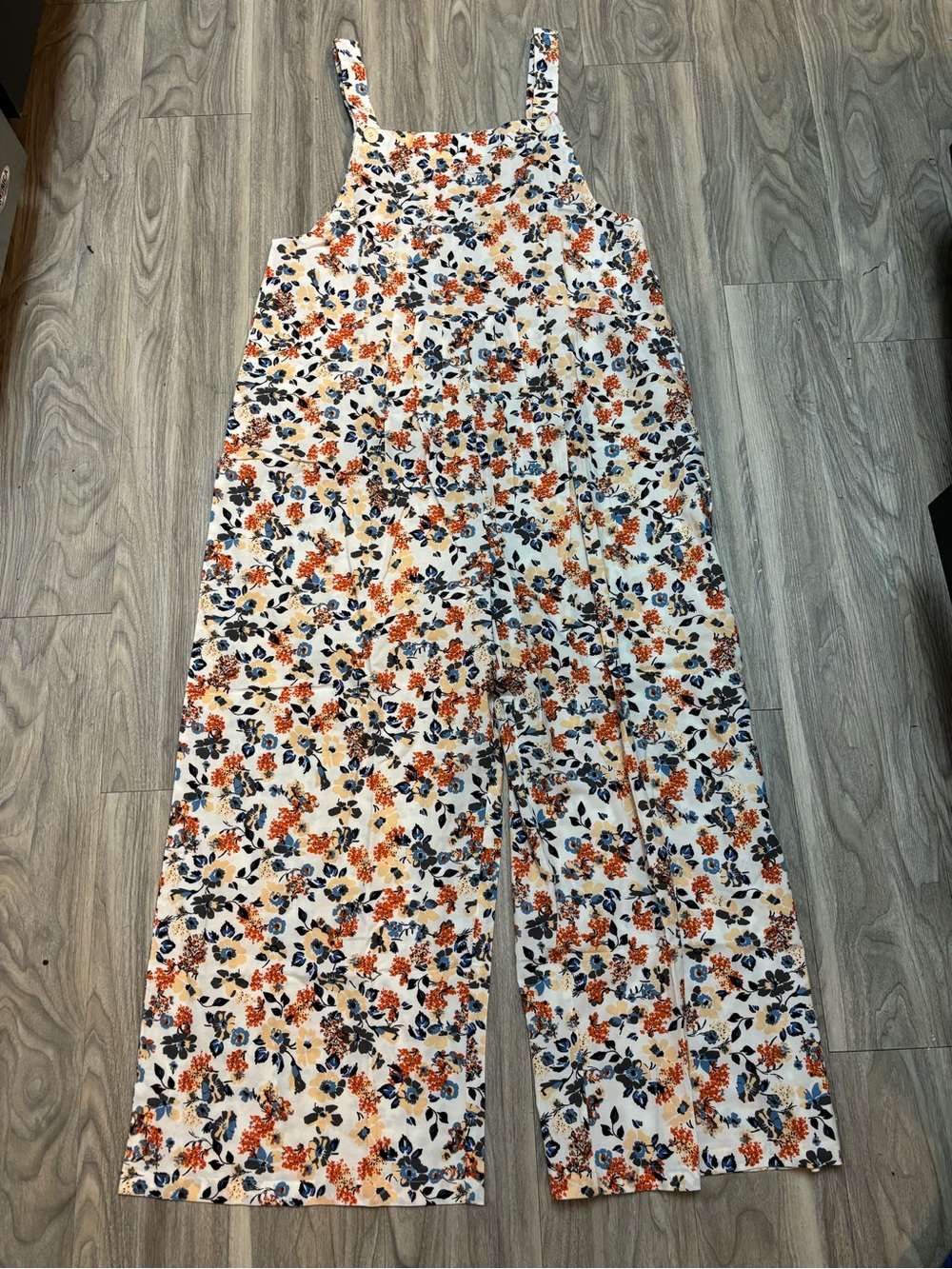 Floral Wide-Leg Jumpsuit in White with Orange & Navy Print